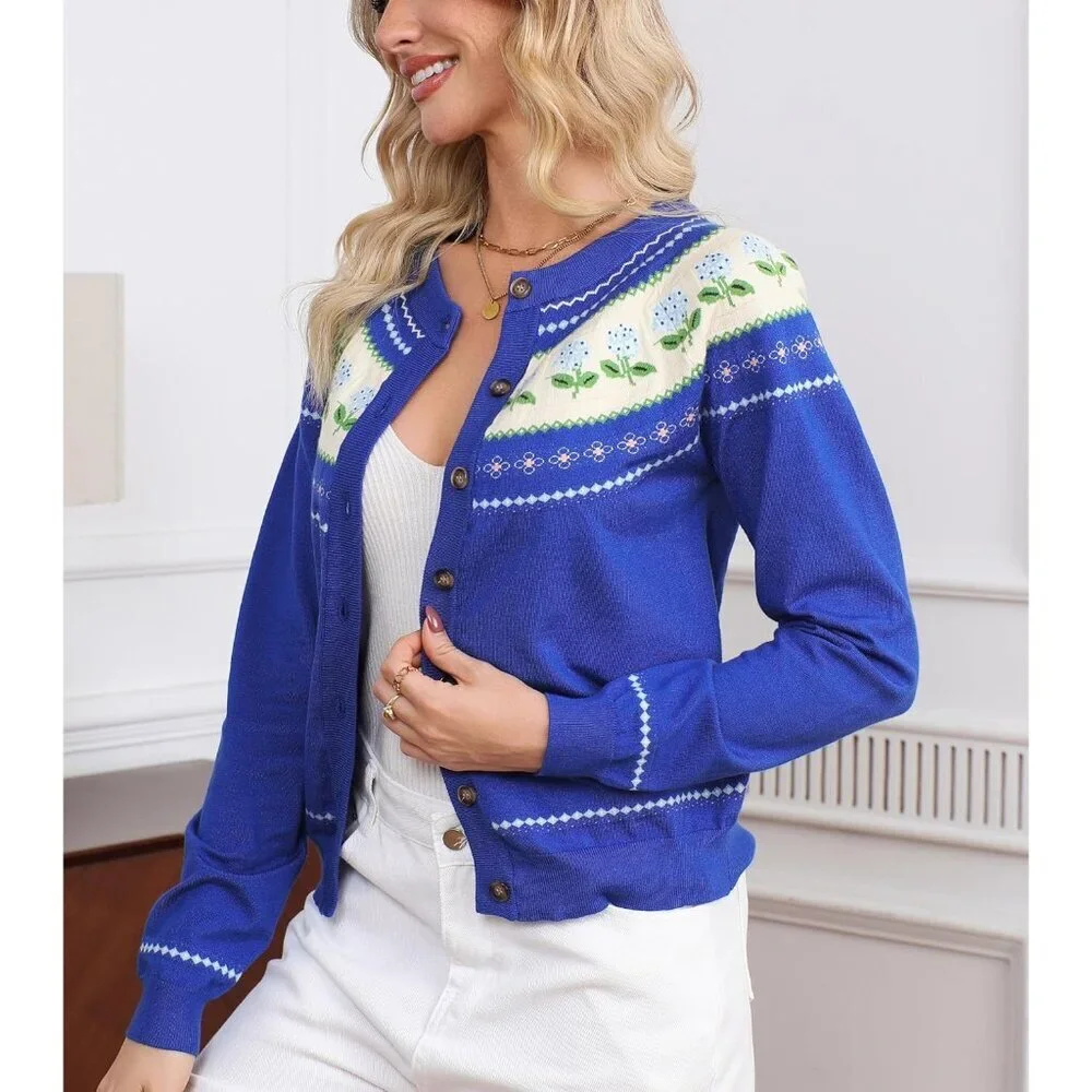 Women's Long Sleeve Knit Cardigan Floral Print Button Front Crew Neck